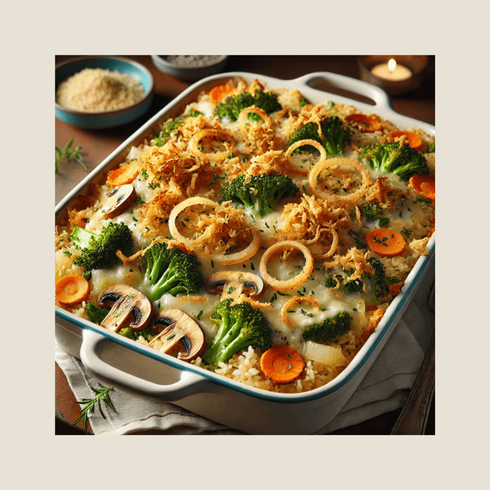 Baked vegetable casserole topped with crispy onions, broccoli, carrots, and mushrooms in a white dish. - Home Instead