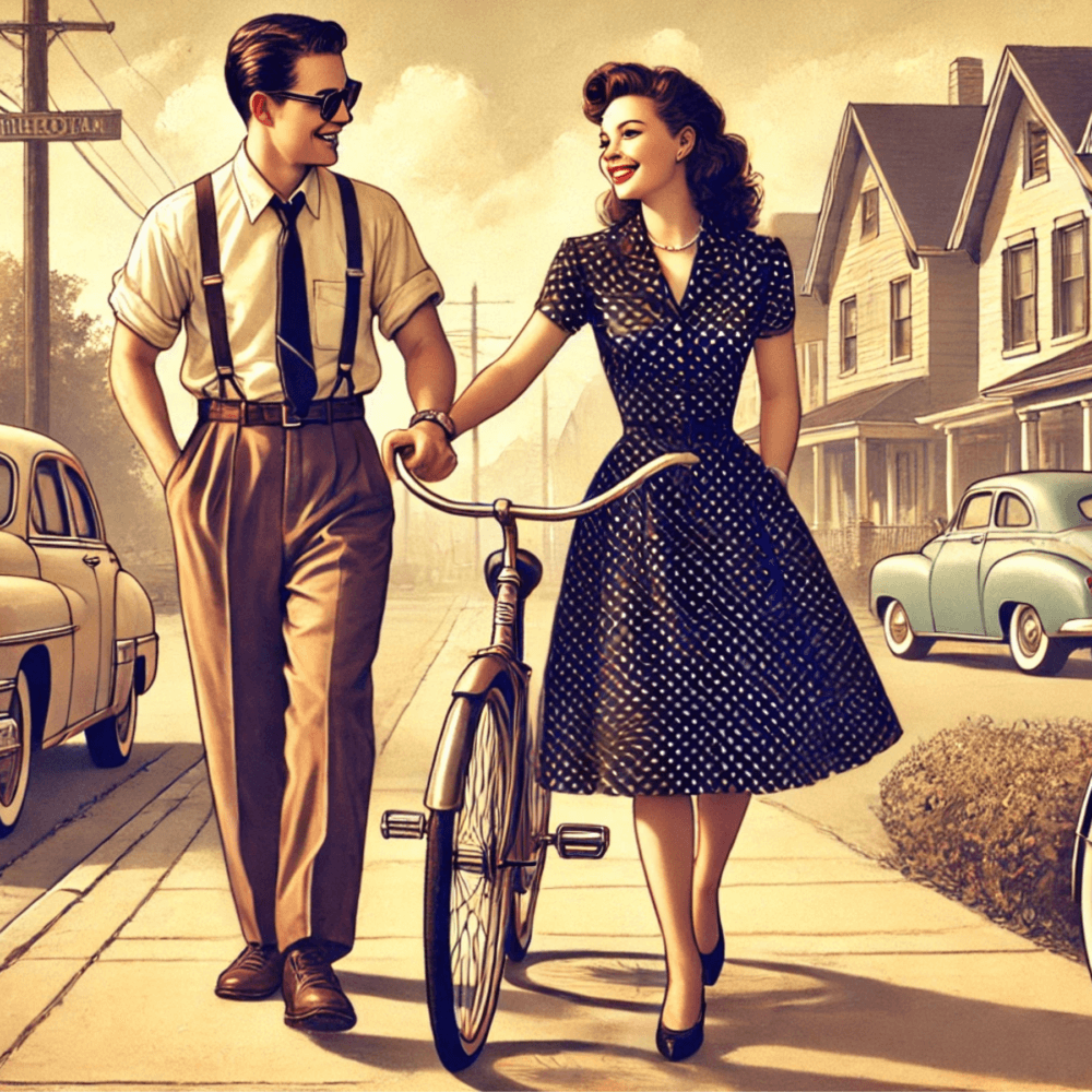 A smiling couple in vintage clothes walk a bicycle down a sunny, 1950s suburban street lined with classic cars. - Home Instead
