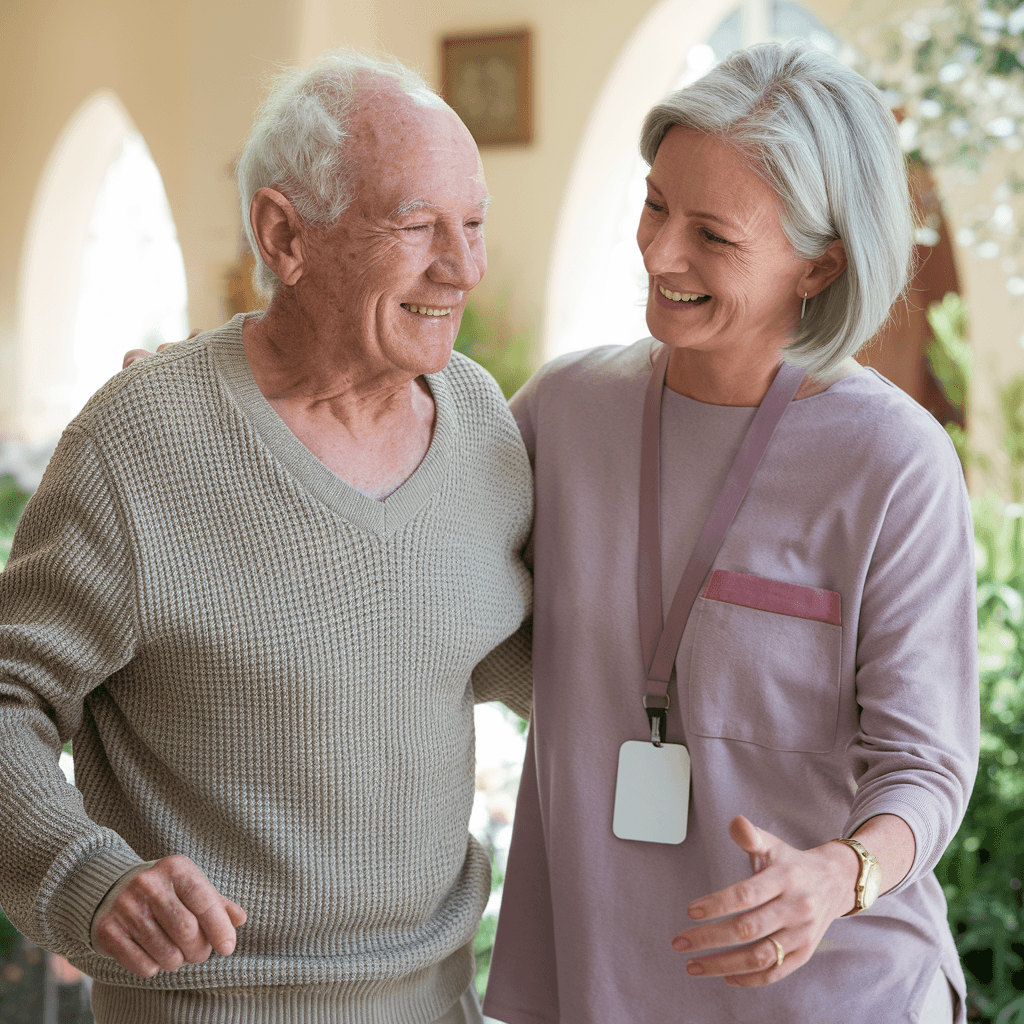 Smiling elderly man walking with a caring woman wearing an ID badge, both enjoying each other's company. - Home Instead