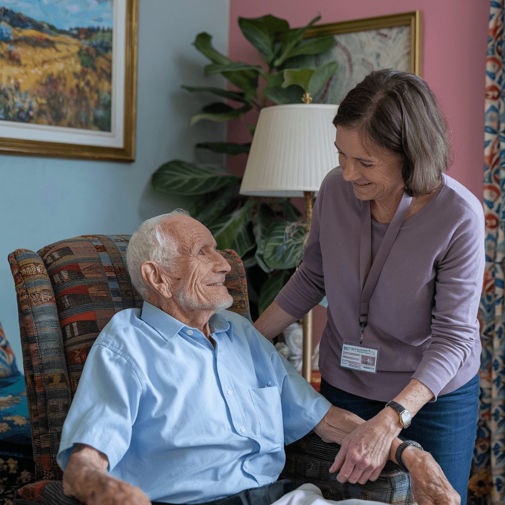 Elderly man sitting and smiling at a woman caregiver who is holding his hand in a cozy living room. - Home Instead