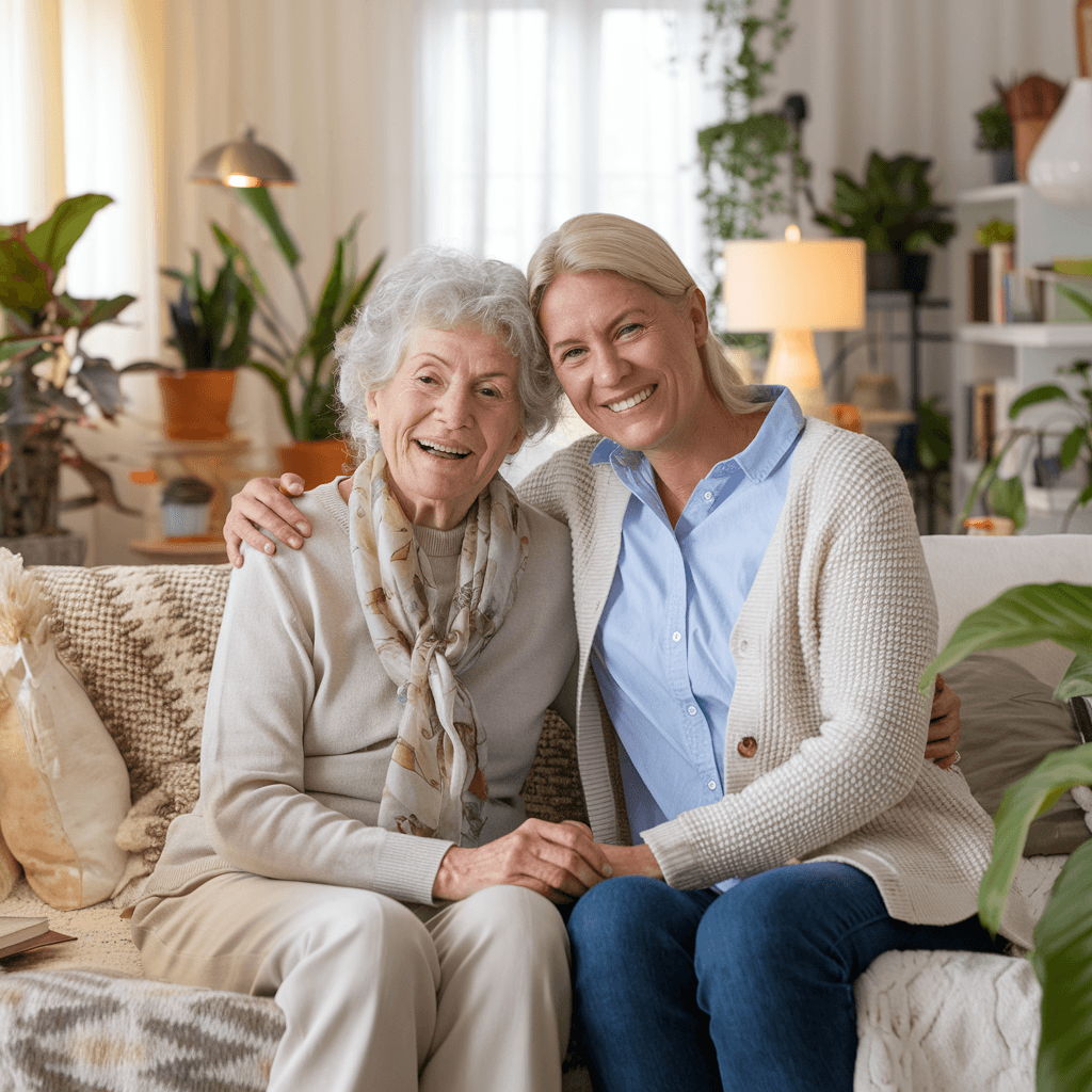 Two women, one older and one younger, sit smiling together on a cozy couch in a bright living room. - Home Instead
