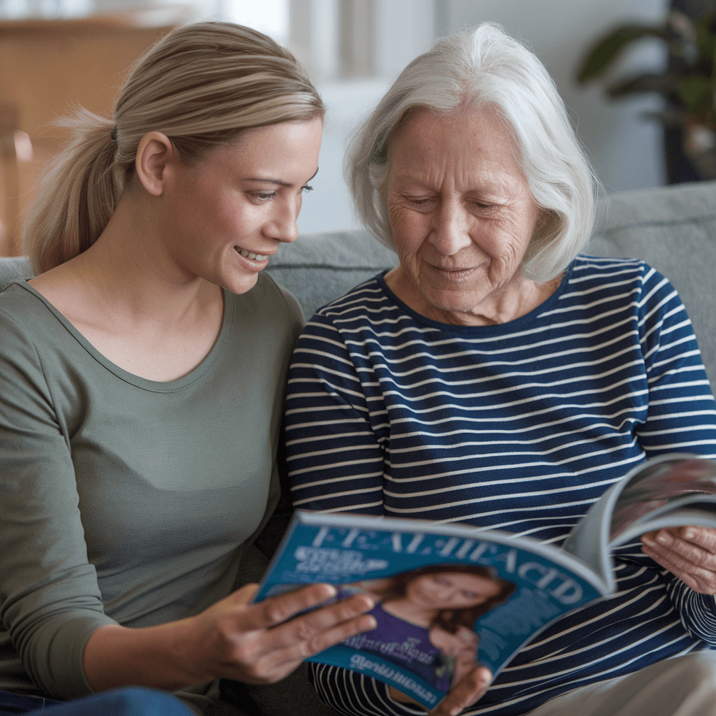 A young woman and an older woman sit together on a couch, smiling while reading a magazine. - Home Instead