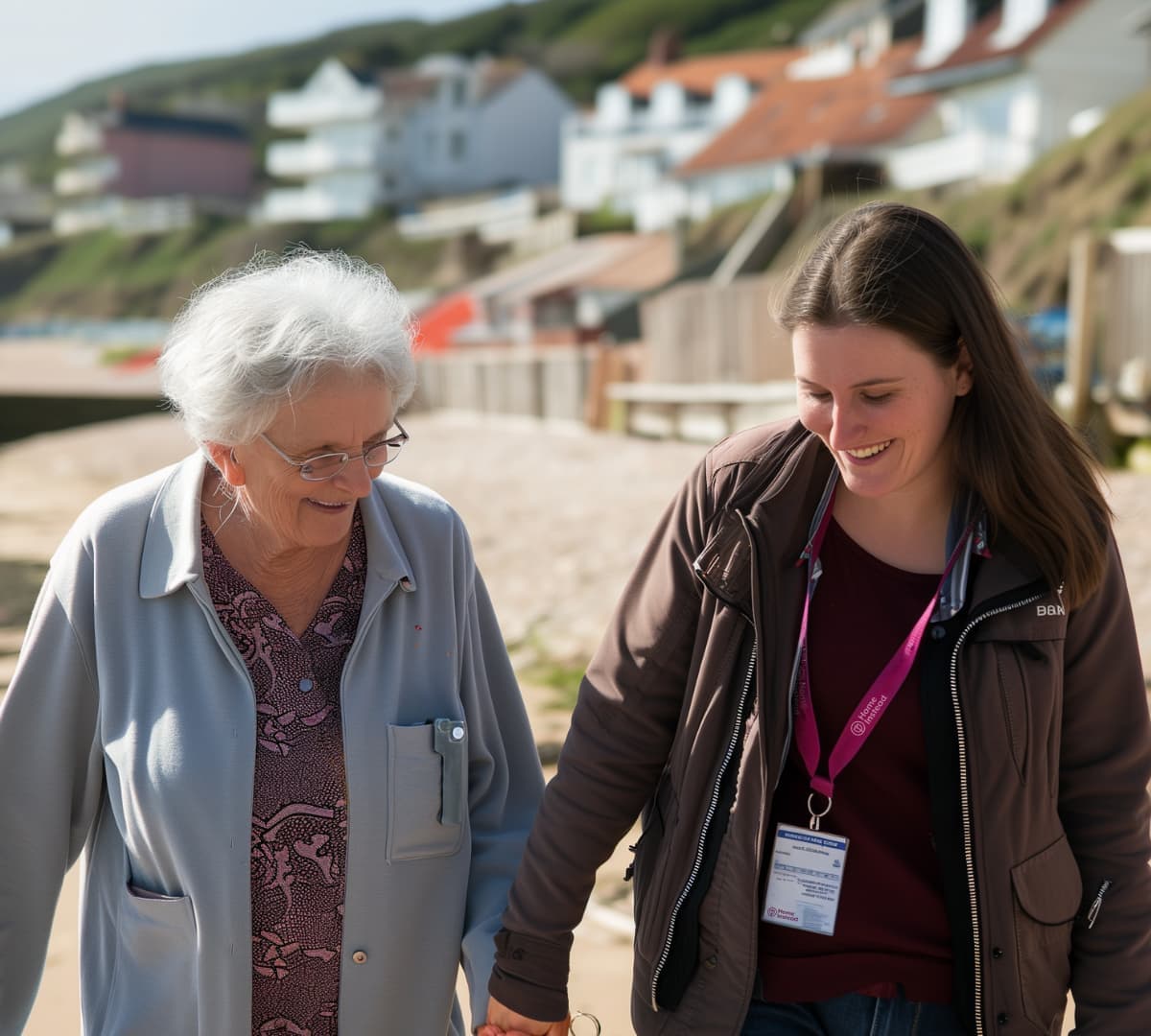 Older woman with white haor and wearing eyeglasses and sweater walking by the beach with her younger female carer with long hair bot happy and smiling