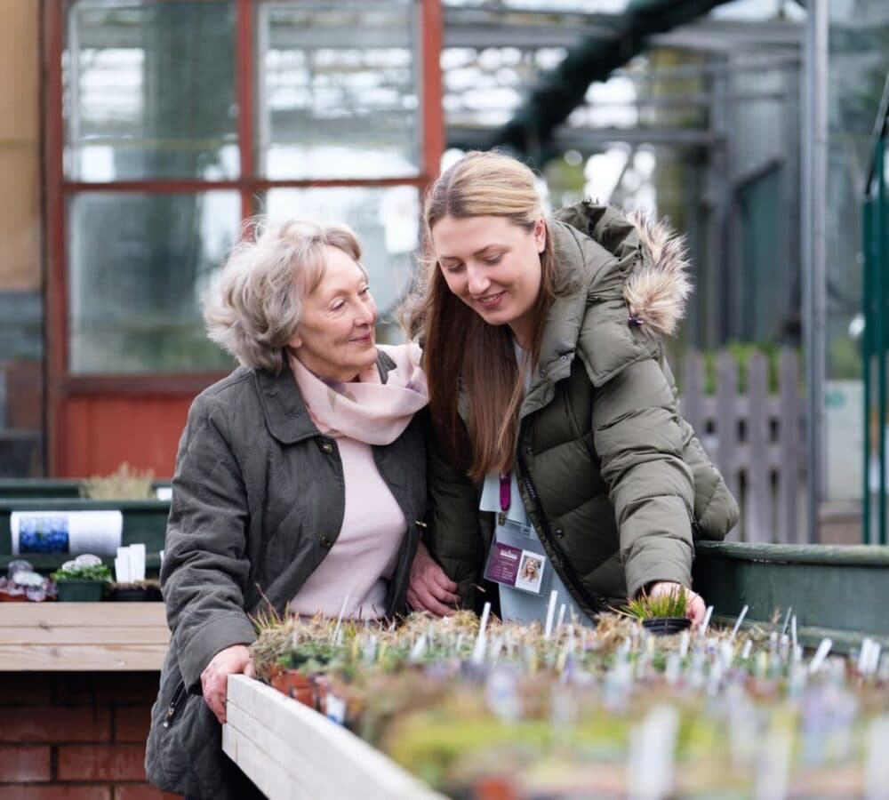 Female older adult with her carer both wearing winter clothes and shopping for plants