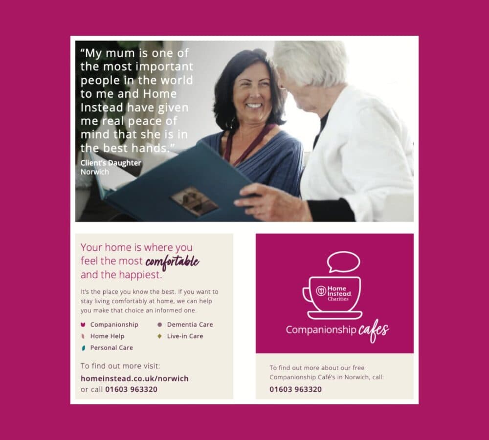 Woman smiling with medium length hair and wearing blue and with lots of details and info in the poster