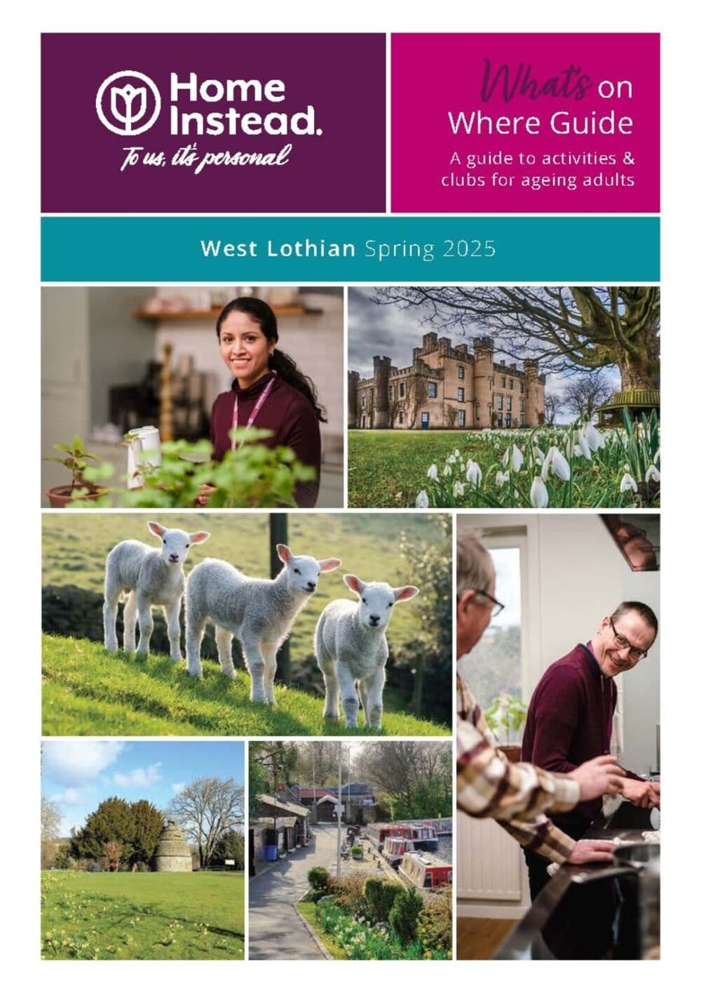 Collage of spring scenes in West Lothian, with people, lambs, a castle, and a canal, for an activity guide. - Home Instead