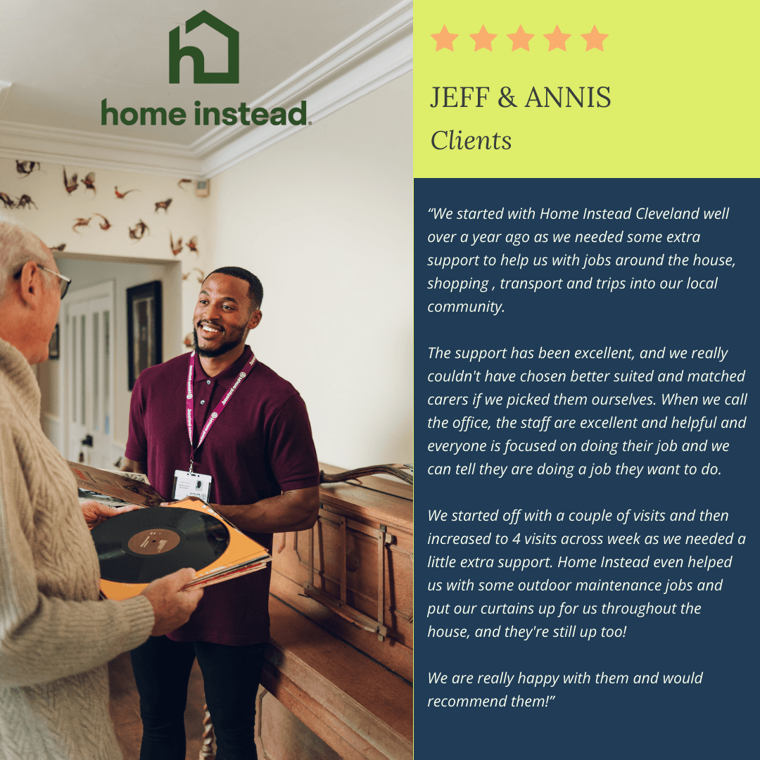 Smiling caregiver gives a record to an older person; testimonial text highlights positive home care experience. - Home Instead