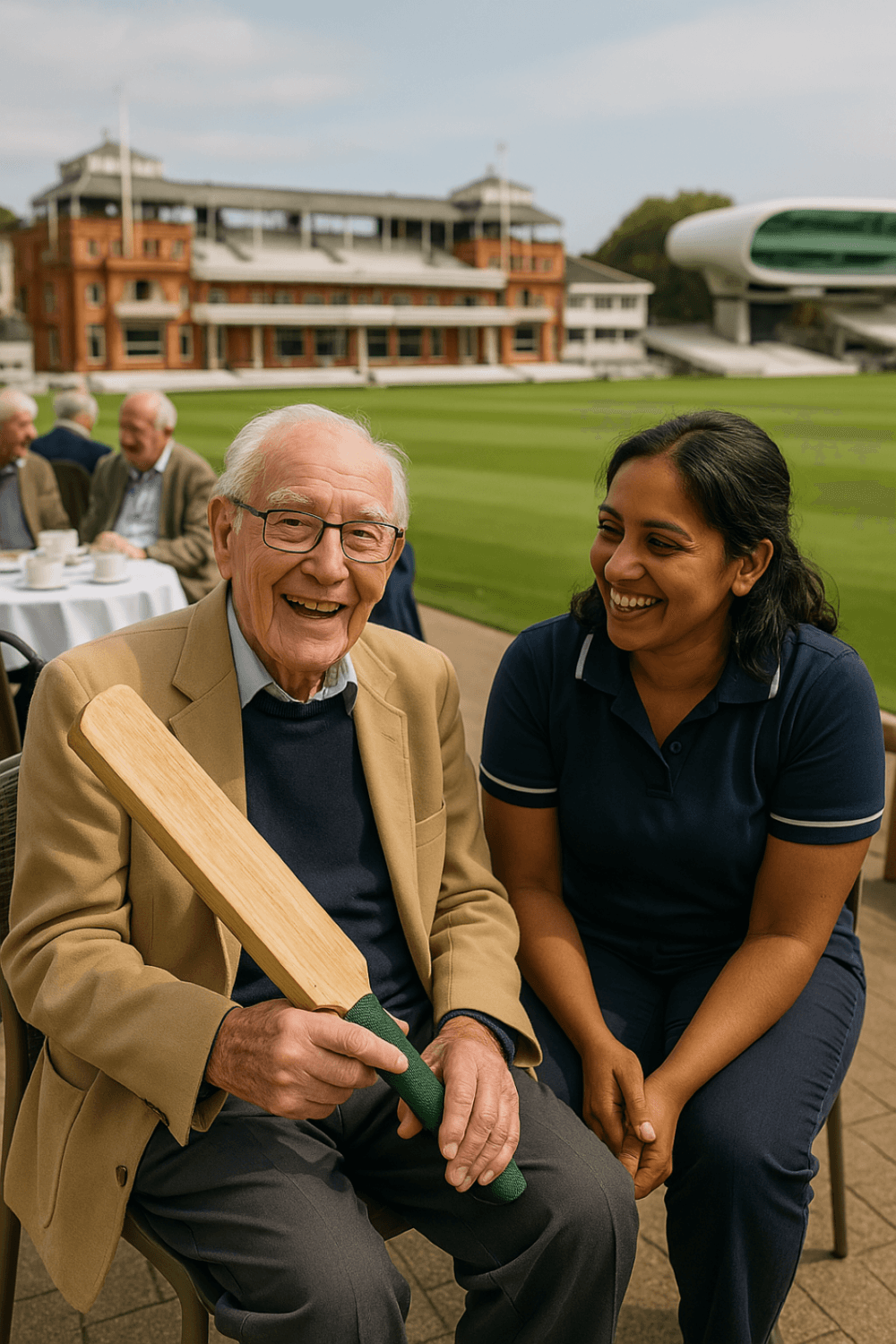 Elderly man holding a cricket bat, smiling with a caregiver at a cricket ground, outdoor seating in background. - Home Instead