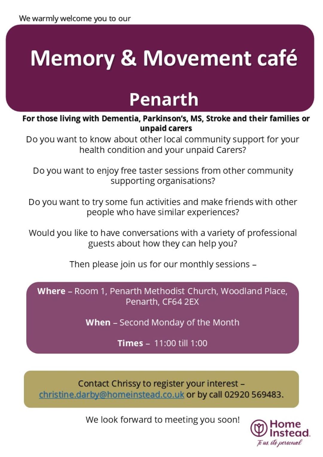 Flyer for a Memory & Movement café in Penarth for those affected by dementia, Parkinson’s, MS, or stroke. - Home Instead