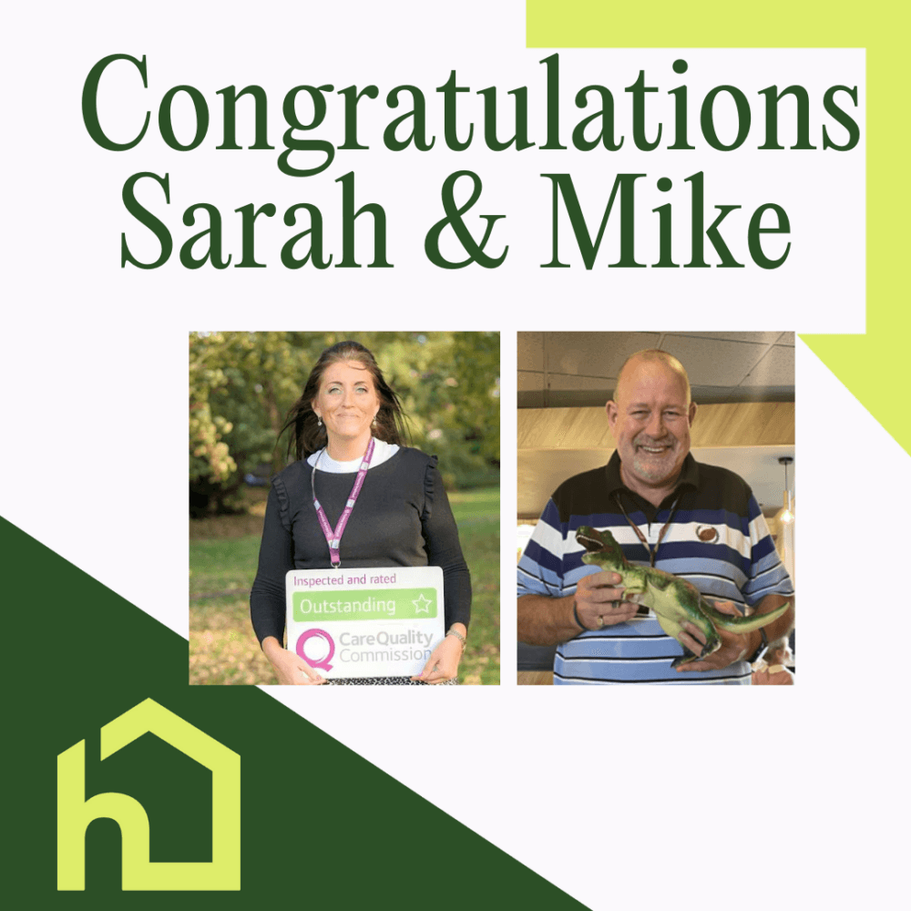 Two people smiling with text "Congratulations Sarah & Mike" and a green house logo at the bottom left. - Home Instead