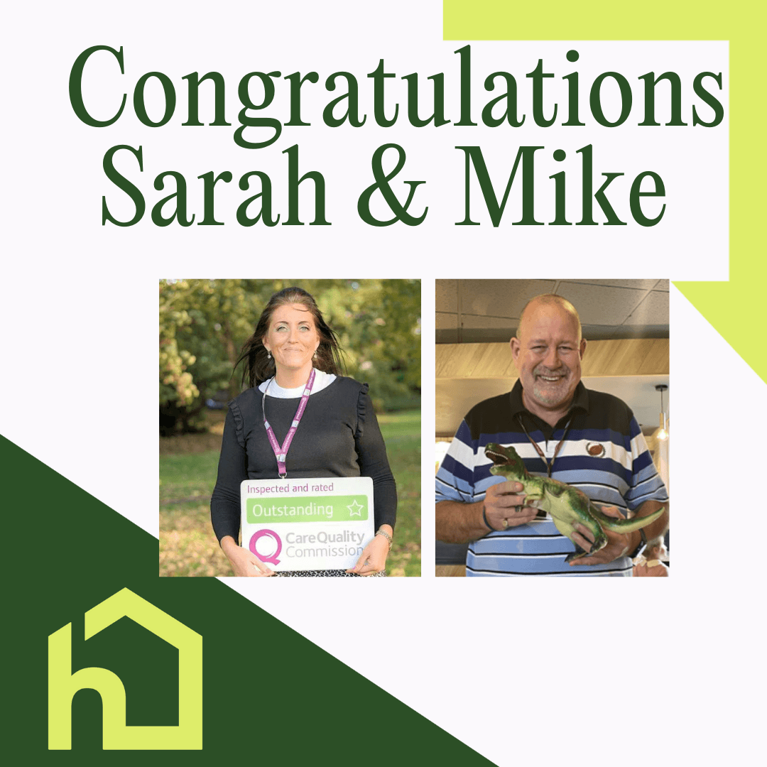 Two people smiling with text "Congratulations Sarah & Mike" and a green house logo at the bottom left. - Home Instead