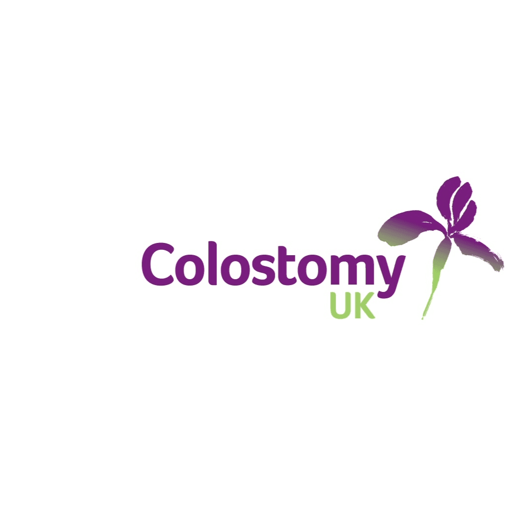 Colostomy UK logo with purple text and a purple and green iris flower design. - Home Instead