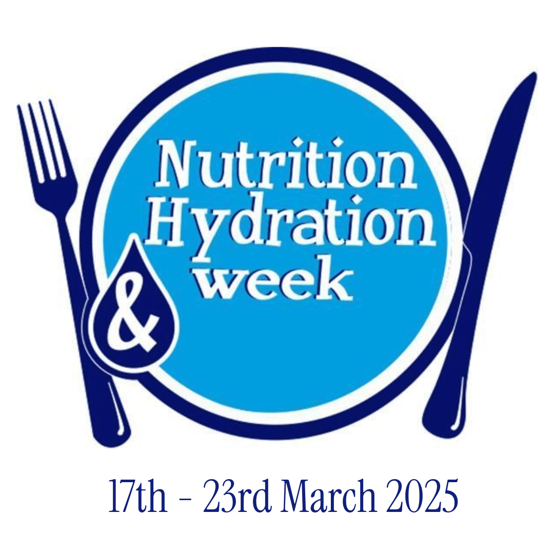 Blue plate with "Nutrition Hydration Week" text, fork and knife, and date: 17th-23rd March 2025. - Home Instead