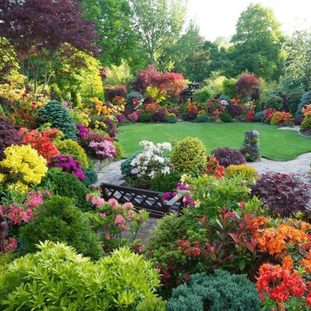 A lush garden filled with colorful blooming flowers, green shrubs, and a wooden bench near a stone path. - Home Instead