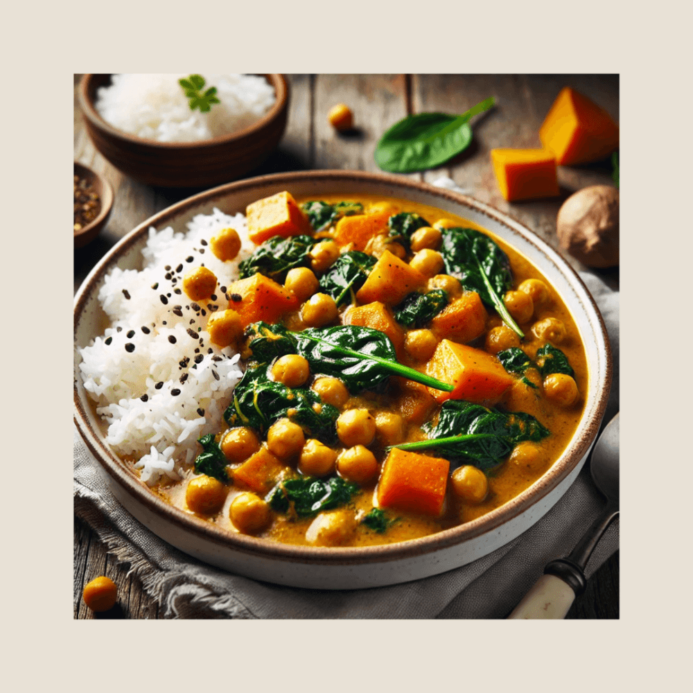 A bowl of curry with chickpeas, spinach, and pumpkin, served with white rice on a rustic table. - Home Instead