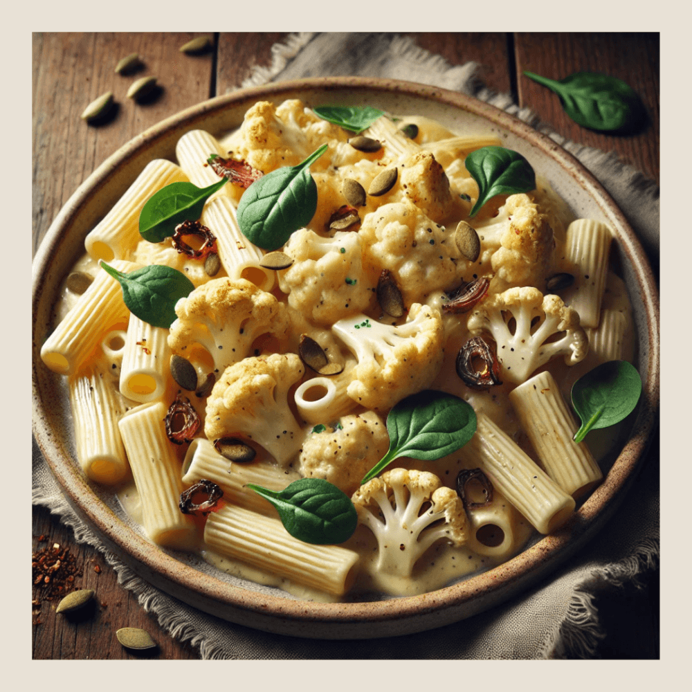 Pasta with cauliflower, spinach leaves, and pumpkin seeds on a ceramic plate, set on a rustic wooden table. - Home Instead