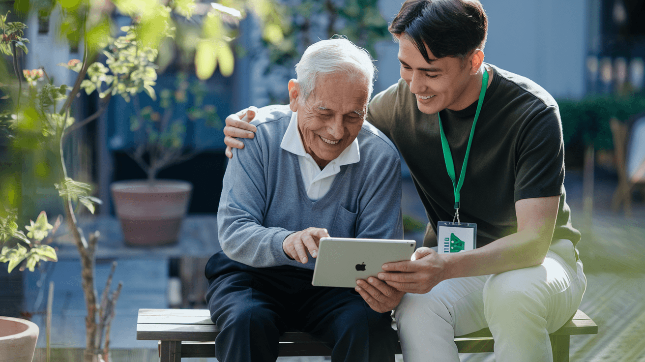 A young man helps an elderly man use a tablet outdoors, both smiling and sitting on a bench. - Home Instead