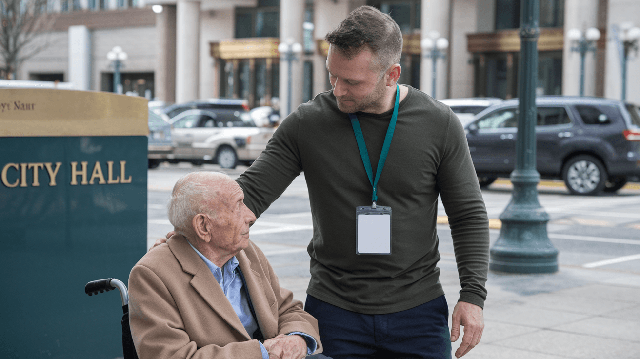 A man comforts an elderly man in a wheelchair outside a building with a "City Hall" sign. - Home Instead