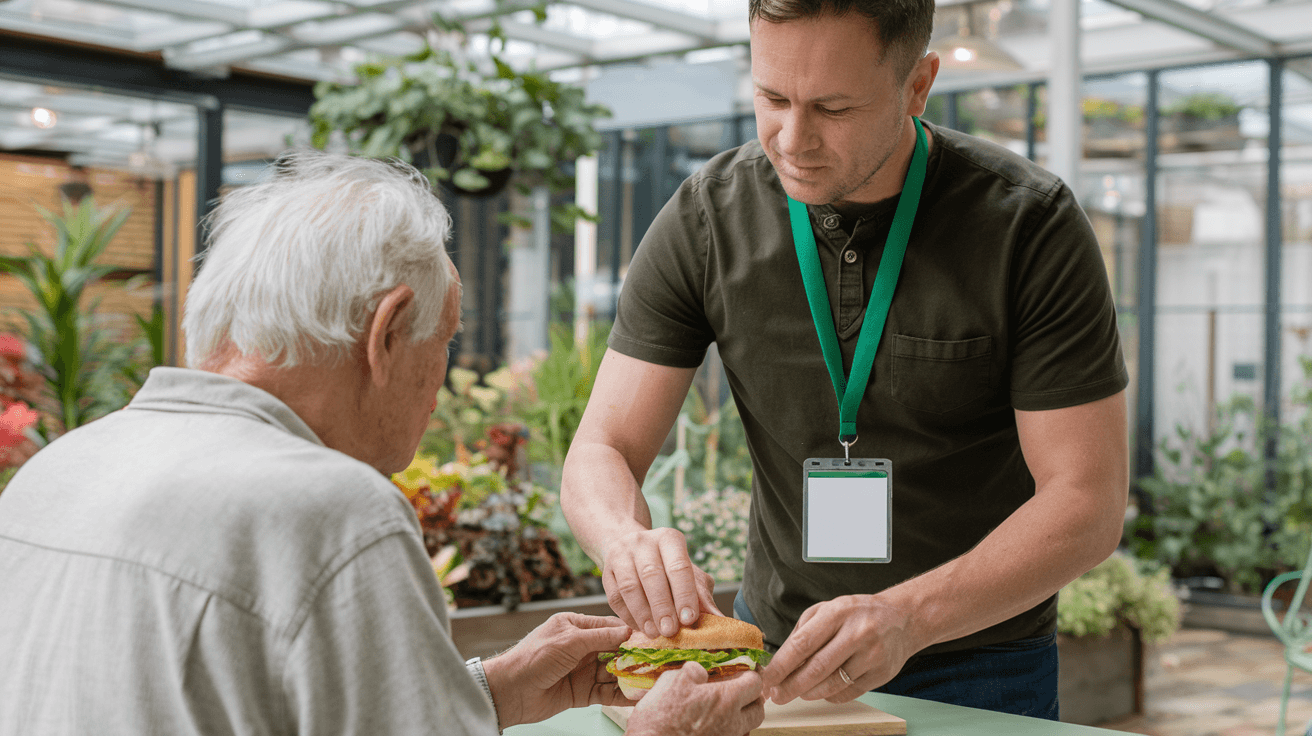 A man serves a sandwich to an elderly person seated at a table in a bright, indoor garden setting. - Home Instead