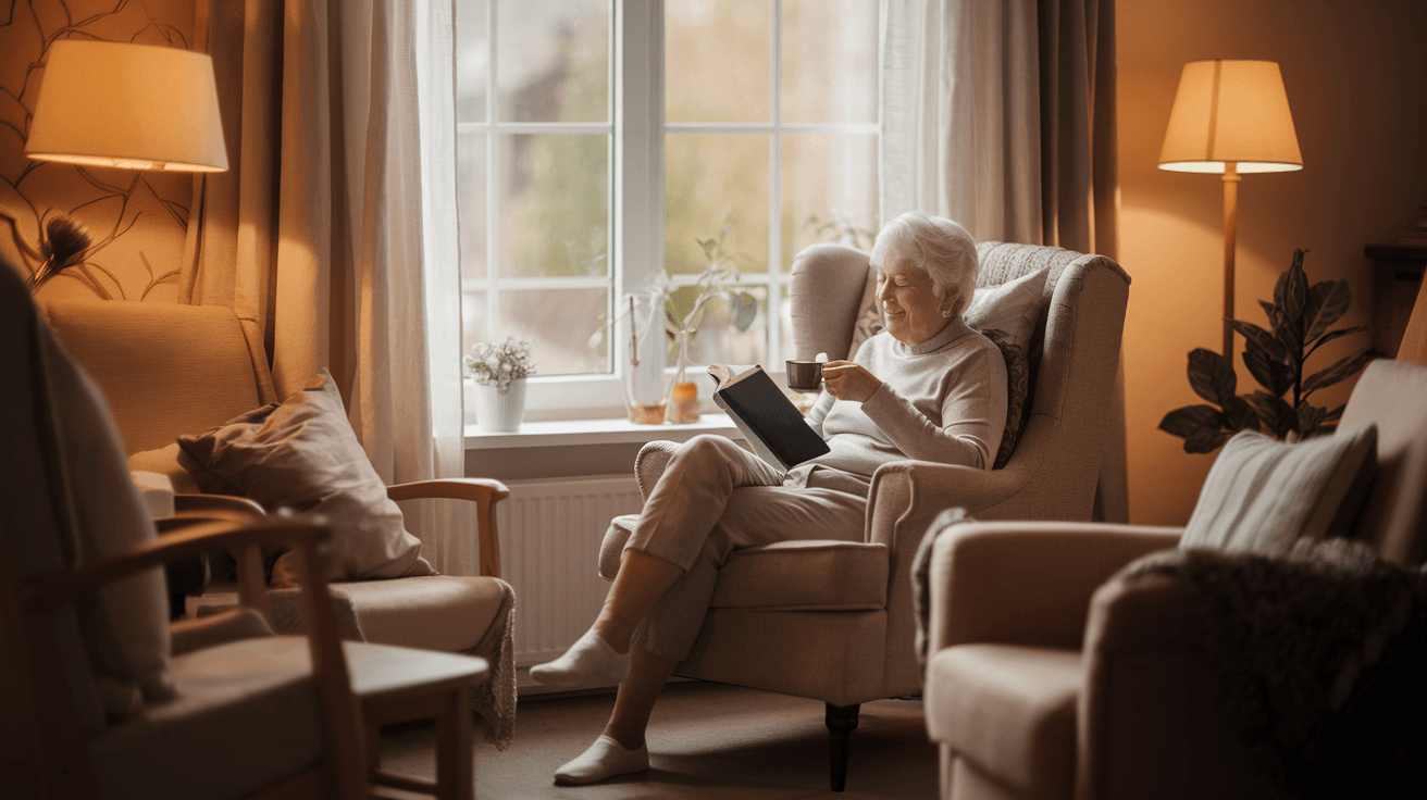 Elderly woman reading a book and drinking tea in a cozy, softly lit living room by a window. - Home Instead