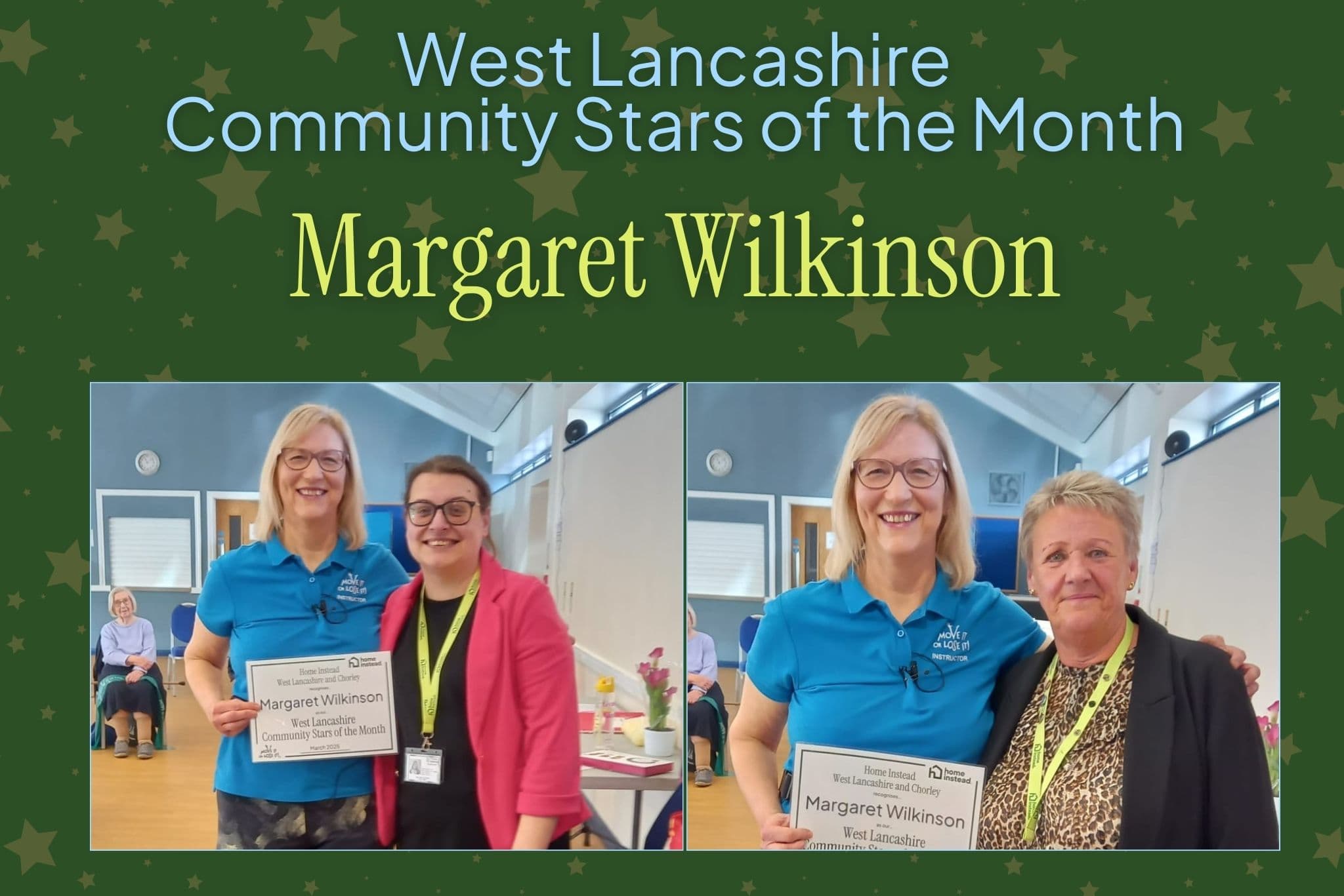 Home Instead West Lancashire and Chorley awarding Margaret Wilkinson as Community Star of the Month for West Lancashire in March 2025