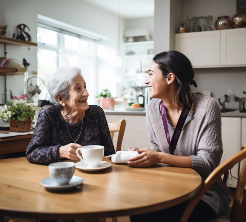 An older woman with grey hair and brown coat happy and smiling with her younger carer holding a coffee both happy and smiling inside the coffee shop