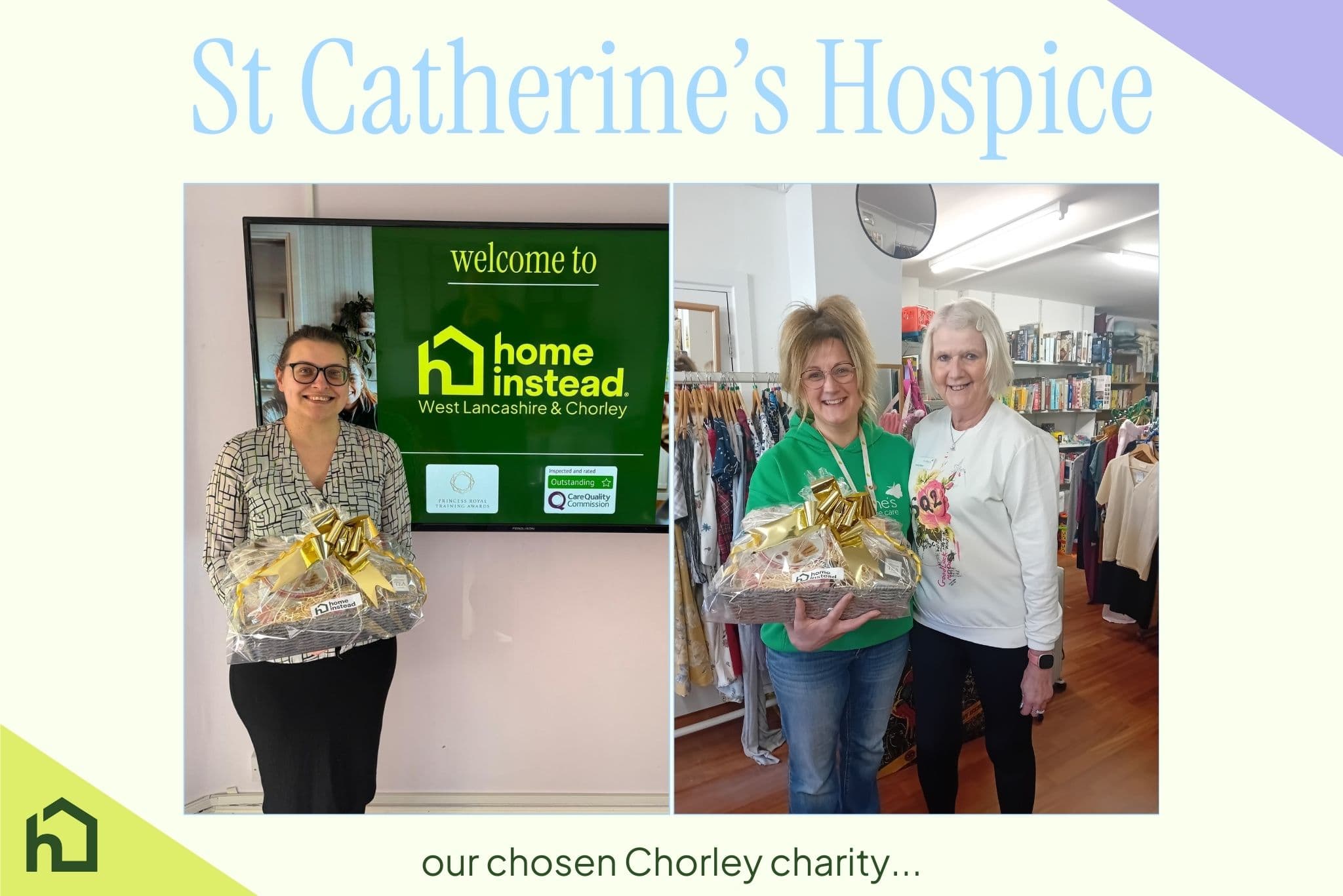 St Catherine's Hospice pictured receiving an award hamper by Home Instead West Lancashire and Chorley