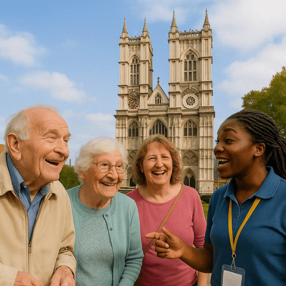 Four smiling people, including a tour guide, stand in front of a large historic cathedral on a sunny day. - Home Instead