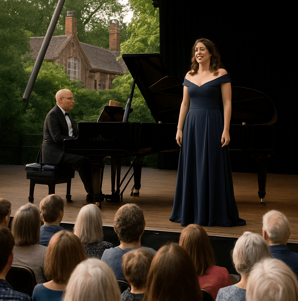 A woman in a blue gown sings on stage beside a pianist, performing for an attentive seated audience. - Home Instead