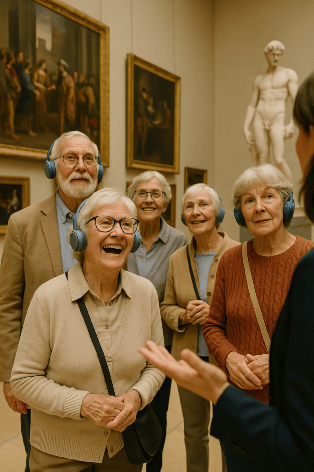 A group of smiling seniors wearing headphones tours an art museum with a guide. - Home Instead