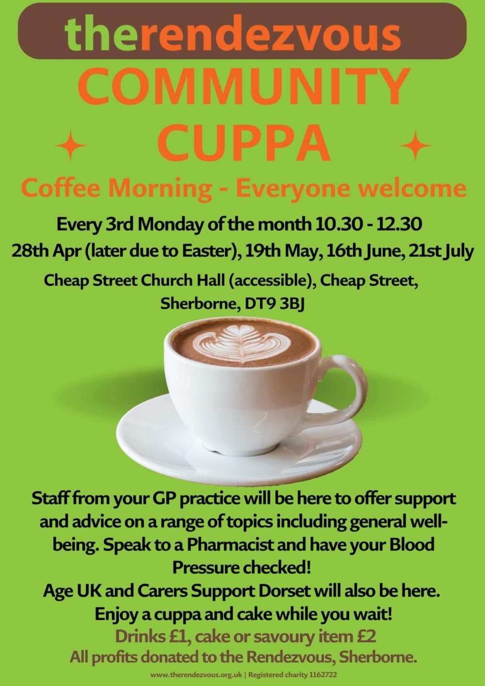 event poster of cuppa coffee morning by the Rendezvous in Sherborne