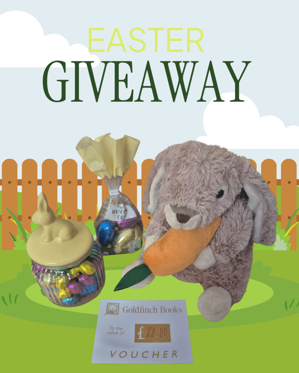 Easter giveaway with a plush bunny, chocolate eggs, a bunny jar, and a £20 Goldfinch Books voucher. - Home Instead