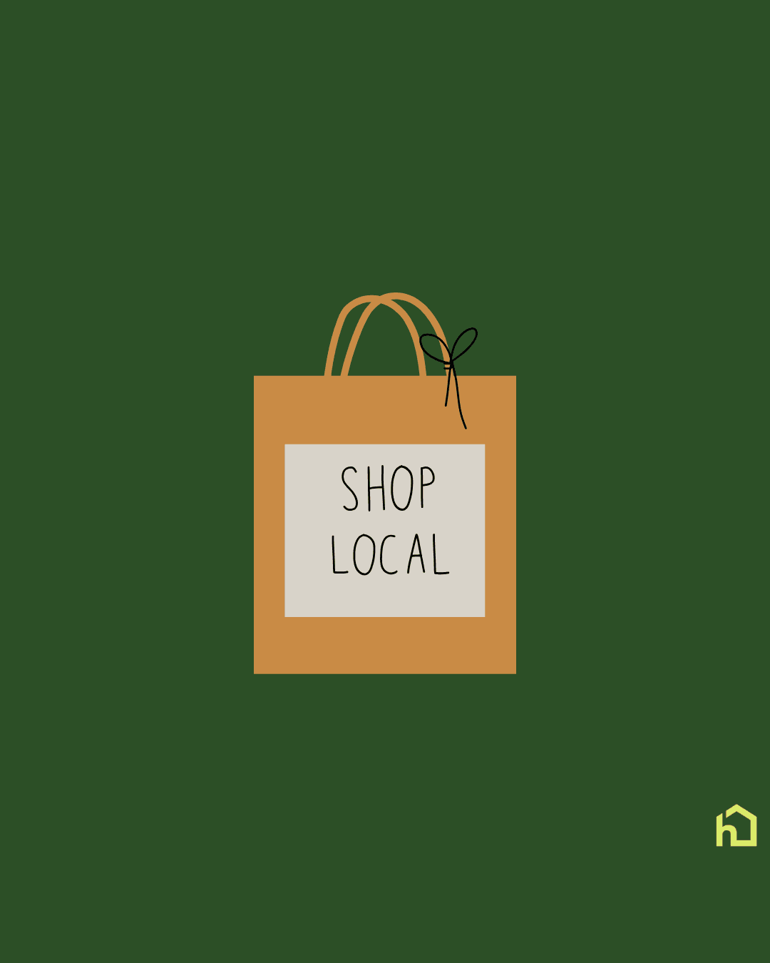 Illustration of a shopping bag labeled "Shop Local" on a dark green background with a small house icon. - Home Instead