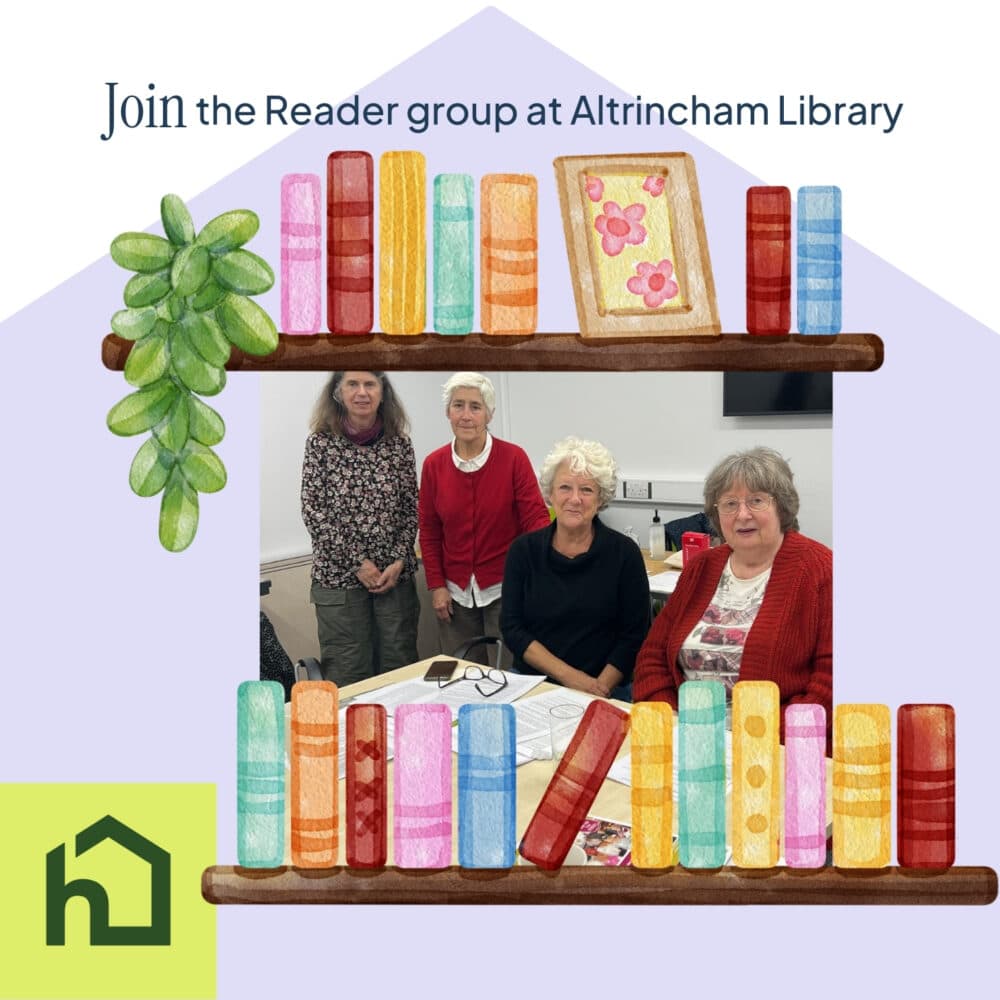 Four women sit at a table in a library, surrounded by illustrated books and a plant. Text invites joining a group. - Home Instead