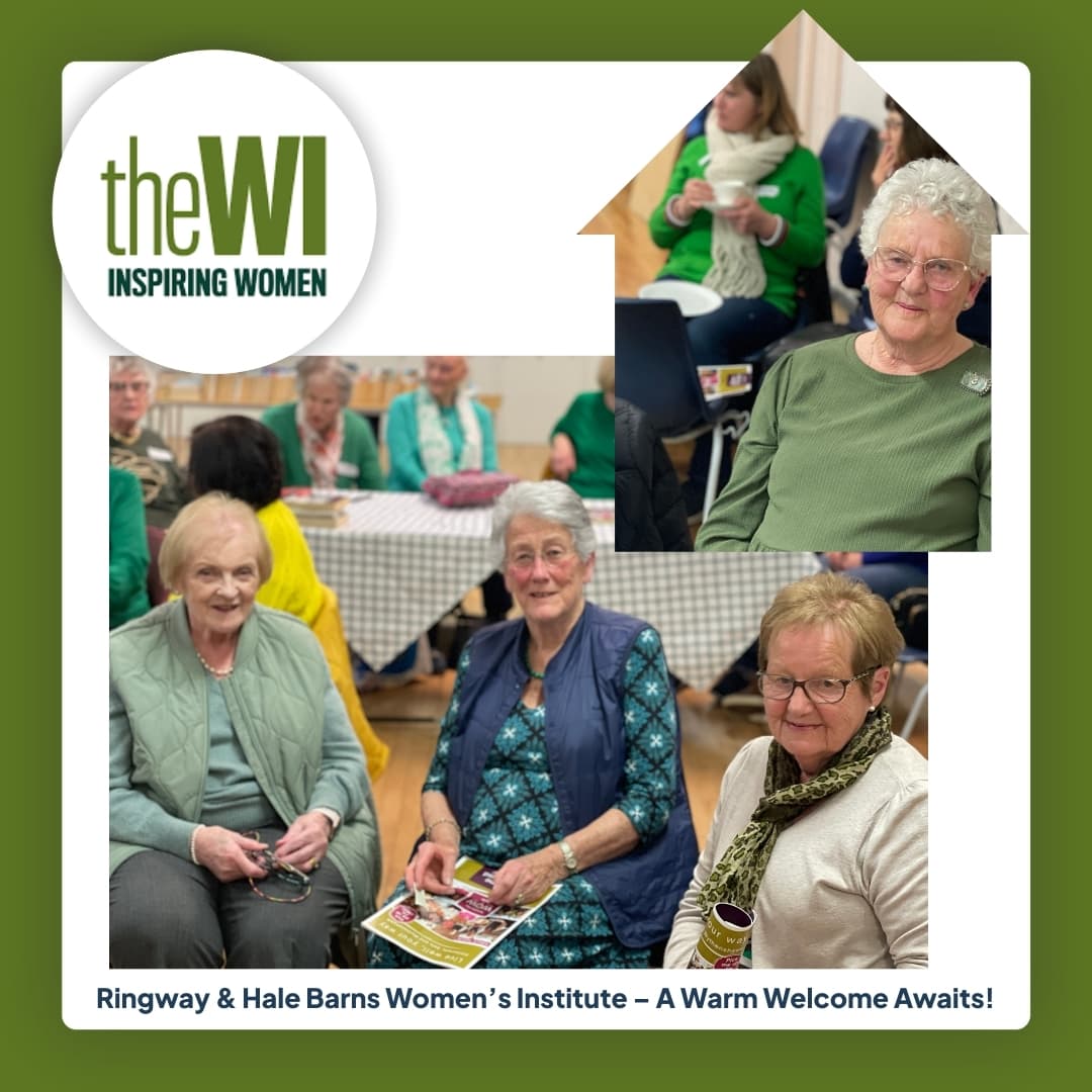 Three older women smile at a table; another woman sits nearby at a Ringway & Hale Barns WI event. - Home Instead