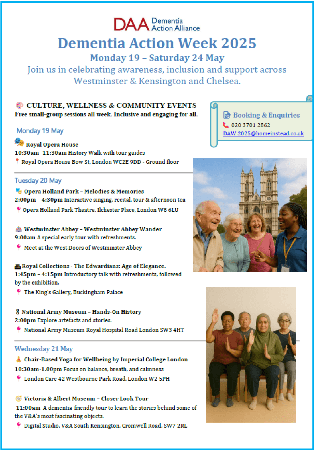 Poster for Dementia Action Week 2025 listing local events and support info, with a photo of smiling older adults. - Home Instead