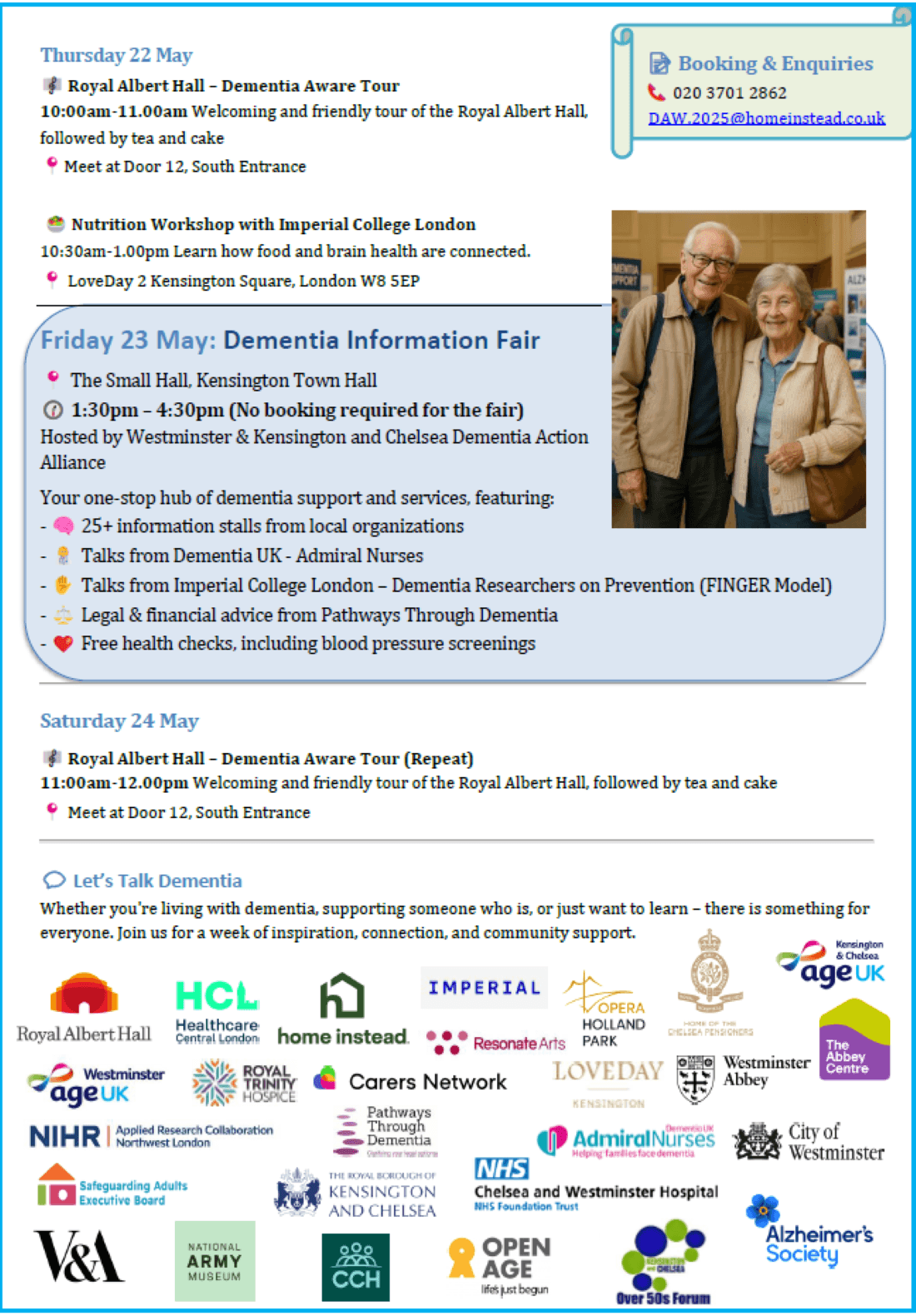 Flyer for Dementia Awareness events with schedule, details, and photos of an elderly couple and logos. - Home Instead