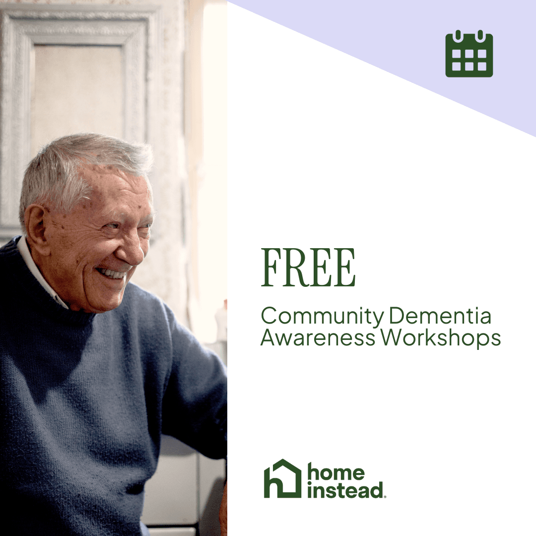 An info graphic reading "free community dementia awareness workshops" accompanied by a gentleman in a blue jumper smiling
