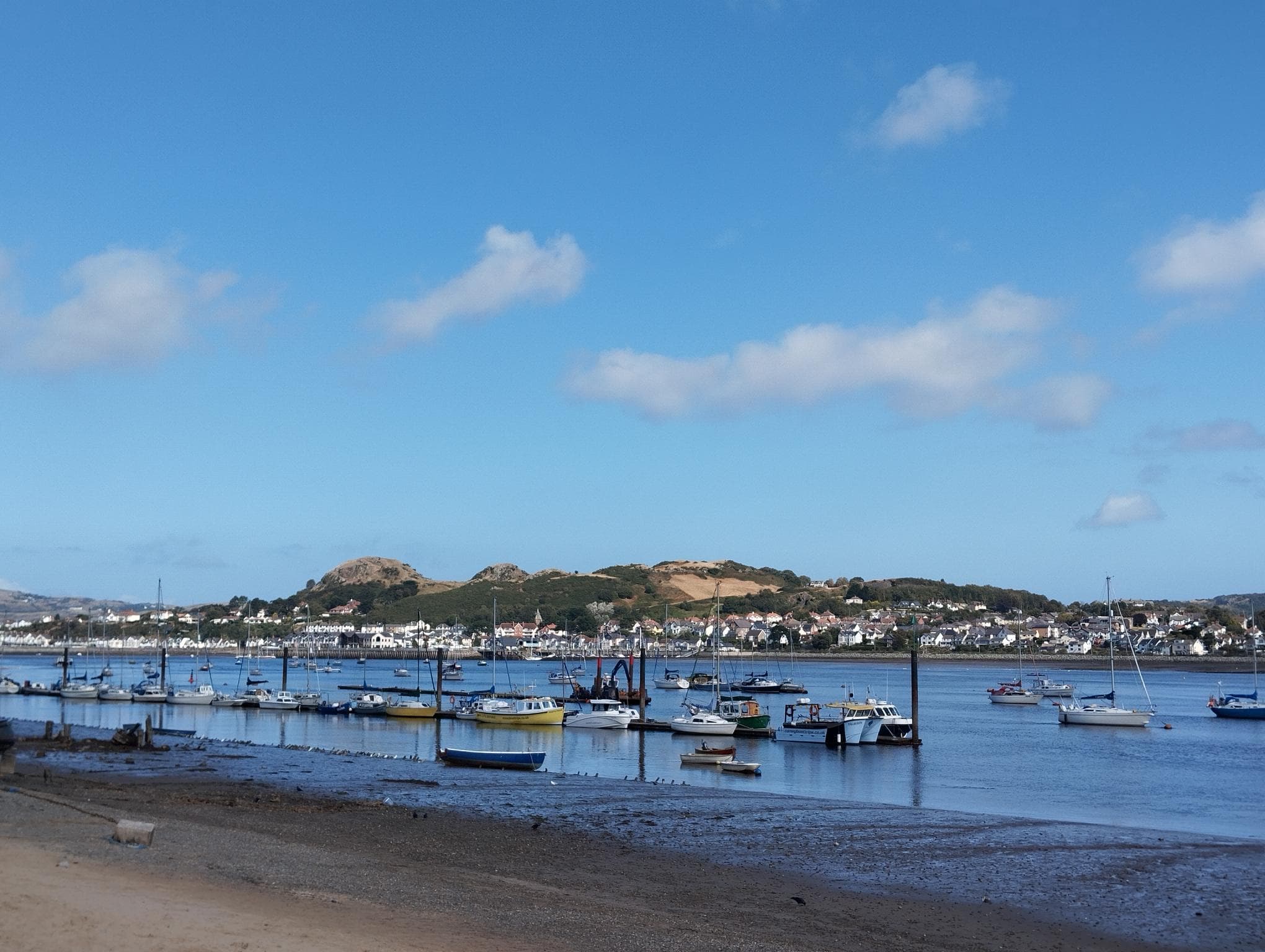 Boats anchored on a calm river with a town and green hills in the background under a blue sky. - Home Instead