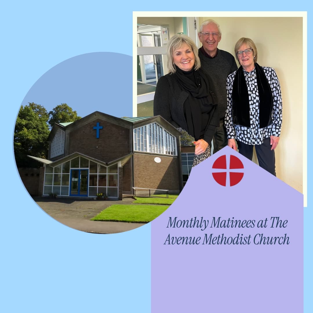 Three smiling adults stand together; below is a modern church building with a blue cross and event details. - Home Instead