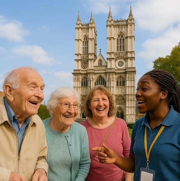 Four smiling seniors stand with a guide in front of a large cathedral under a blue sky. - Home Instead