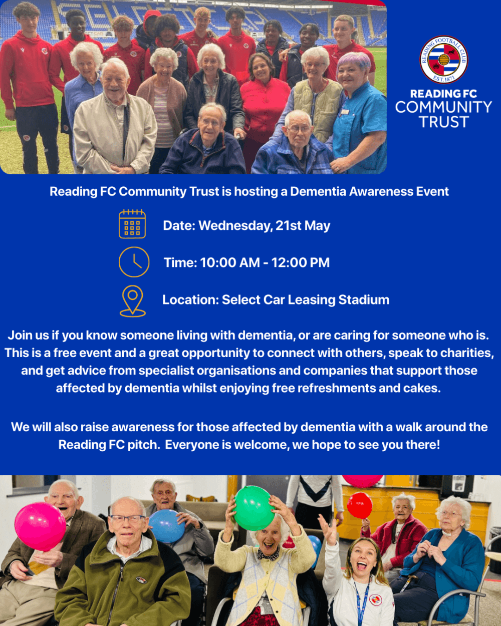 Group photo with Reading FC staff and seniors, some holding balloons, at a dementia awareness event. - Home Instead