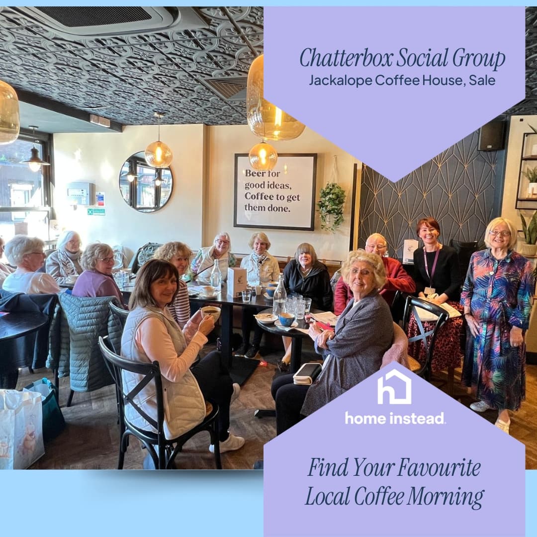 A group of older adults smiling and chatting over coffee at Jackalope Coffee House in Sale, enjoying a relaxed morning as part of the Chatterbox Social Group.