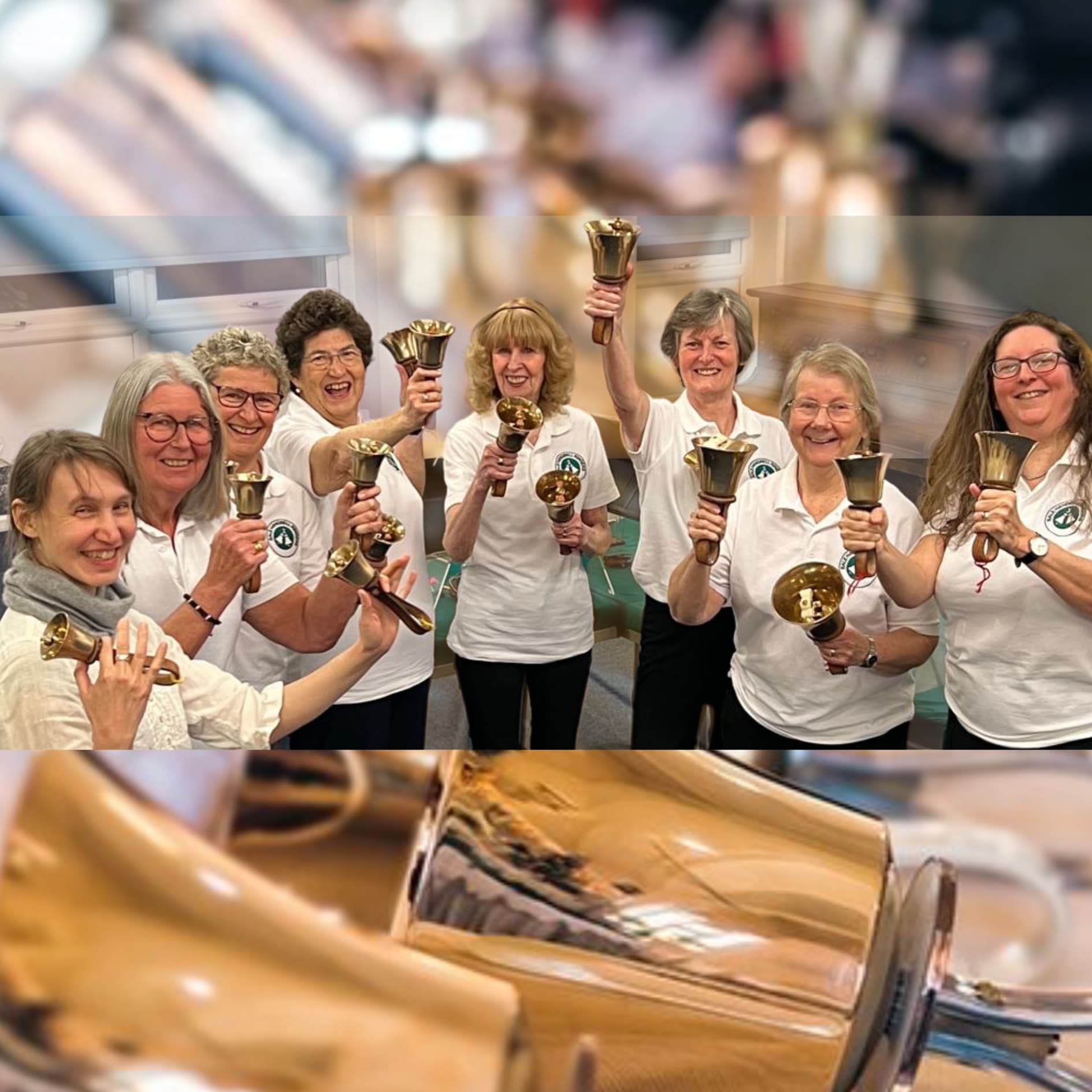 Seven smiling women in white shirts holding handbells, standing together indoors, posing for a group photo. - Home Instead