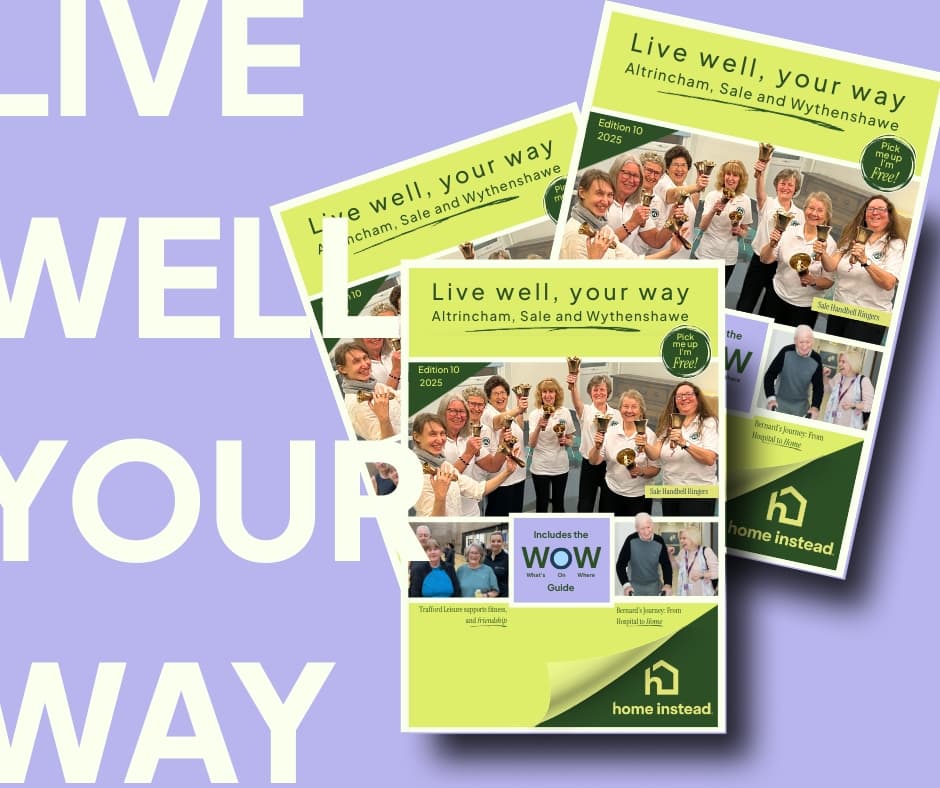Three issues of "Live well, your way" magazine, featuring smiling groups and care home branding on a purple background. - Home Instead