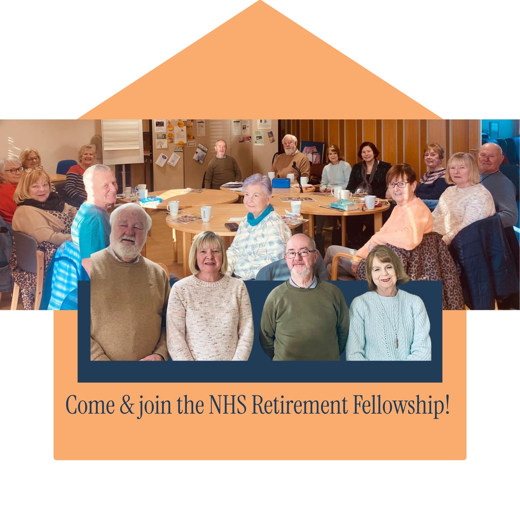 A group of older adults smiling and sitting together at tables, promoting the NHS Retirement Fellowship. - Home Instead