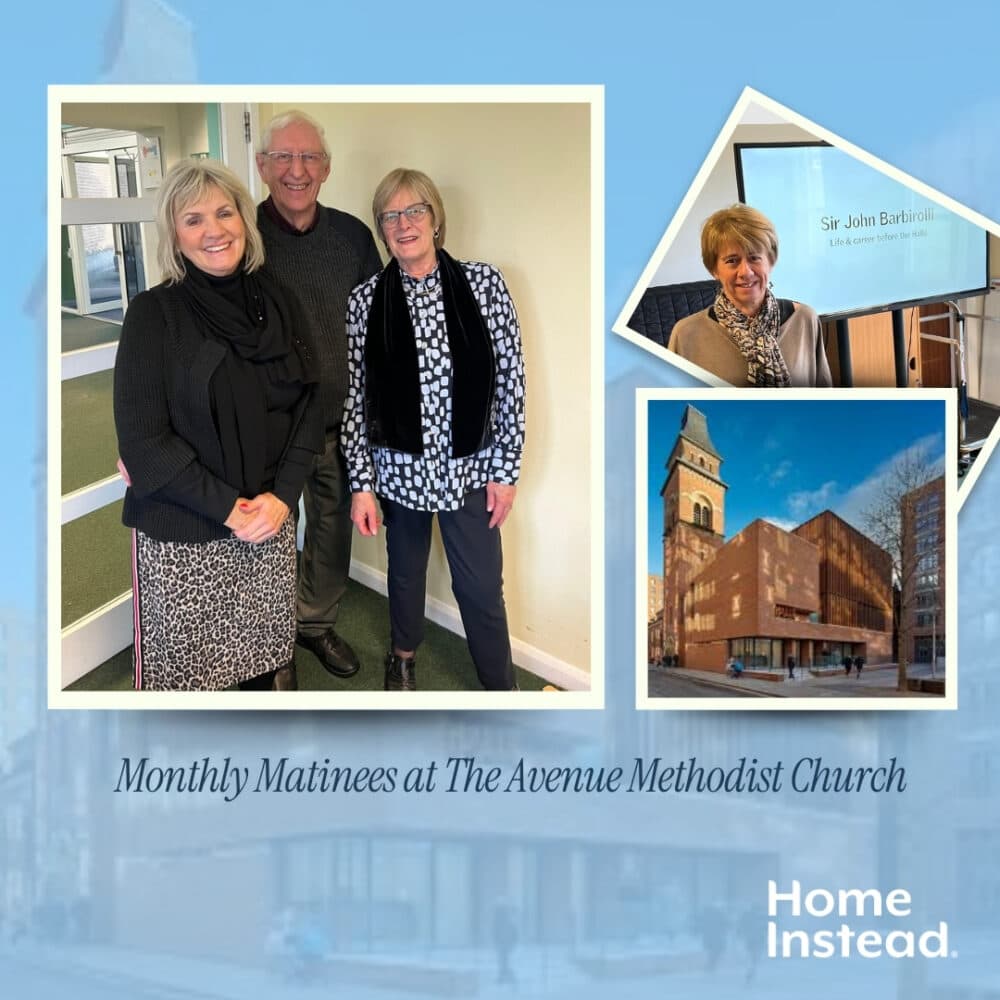 Three smiling older adults pose indoors; two smaller photos show a woman speaking and a church building. - Home Instead