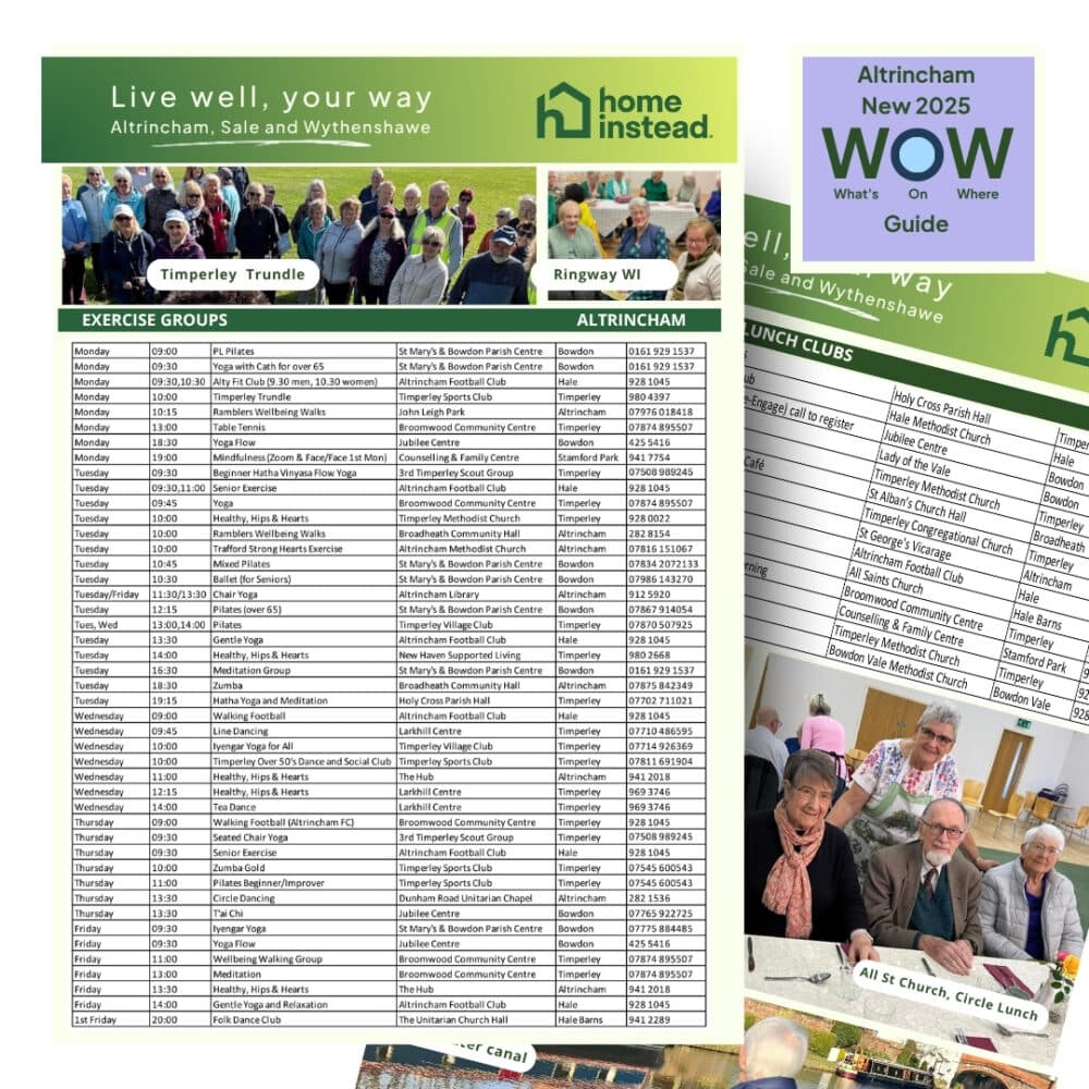 A guide listing exercise groups and lunch clubs in Altrincham with photos of seniors socializing and walking. - Home Instead