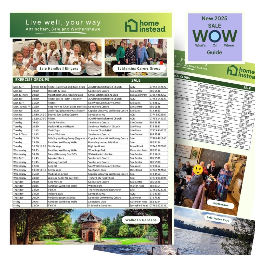 Collage of event listings, group photos, and locations for the 2025 Sale WOW Guide by Home Instead. - Home Instead