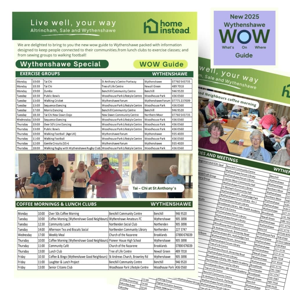 Collage of a WOW guide showing exercise groups, coffee mornings, and seniors socializing in Wythenshawe. - Home Instead